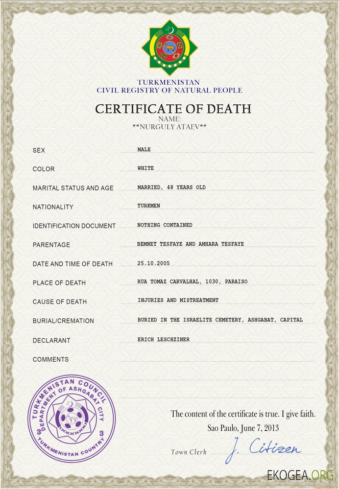 Modèle PSD de certificat de décès du Turkménistan